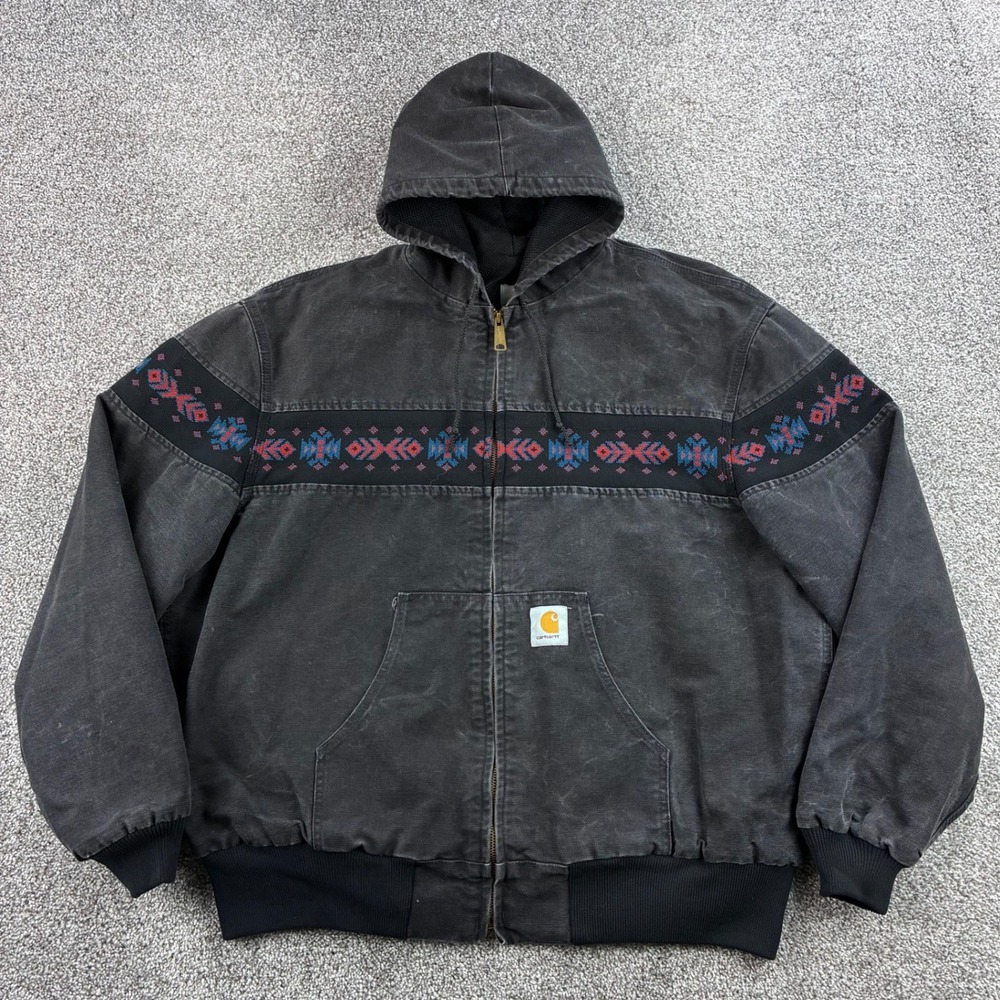 Vintage Carhartt Aztec Jacket Mens 2XL Black Hooded Cotton Canvas JR0005